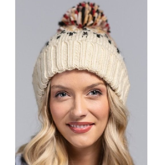 🆕 Cream / Mustard Multicolor Knit Beanie with Cute Multicolor Pom-Pom 🆕 - Picture 2 of 7